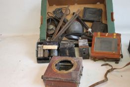 TWO TRAYS OF ASSORTED VINTAGE PHOTOGRAPHIC EQUIPMENT to include box brownies, cases, plate holders