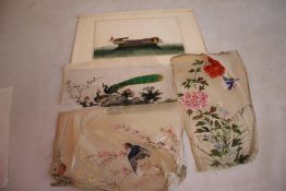 A CHINESE RICE PAPER PAINTING OF A BARGE (HOLE TO CENTRE OF THE PAINTING), 30 cm x 19 cm, together