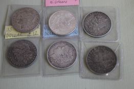 US SILVER DOLLARS 1879-0, 1884, 1890, 1900, 1902-0 AND 1921-D