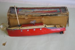 A HORNBY CLOCKWORK MODEL SPEEDBOAT No. 5 'VIKING', in red and cream with key, box A/F