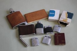 A COLLECTION OF CIGARETTE LIGHTERS, to include a Ronson Comet etc., a cigarette case and hip flasks