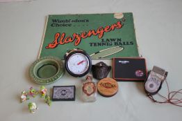 A SELECTION OF COLLECTABLES, to include a Slazenger advertising sign A/F, gauge, tins etc.