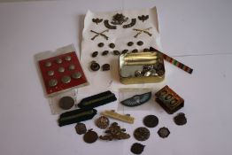 A GROUP OF MILITARY BADGES AND BUTTONS ETC, to include Cheshire examples