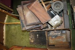 A TRAY OF ASSORTED COLLECTABLES to include a decorative table centrepiece, carved book slide, two