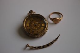 A 9 CT GOLD FOB WATCH A/F, along with a 9 ct gold signet ring and a brooch A/F