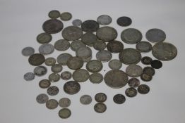 A QUANTITY OF SILVER AND WHITE METAL COINS, to include 3ds, a Gothic florin etc.