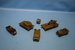 SIX DINKY MILITARY VEHICLES to include 155mm mobile gun, Alvis Scorpion and Striker, US jeep,