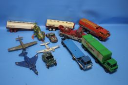 A MIXED LOT OF VINTAGE DIE CAST VEHICLES to include three Dinky aeroplanes (Phantom II F4K. Hawker