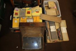 FIVE BOXES OF ASSORTED PHOTOGRAPHIC PLATES, PAPER ETC. to include a mahogany box of plates (5)