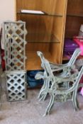 THREE PAIRS OF CAST BENCH ENDS PLUS TABLE AND BENCH BACK INSERTS