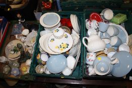 THREE TRAYS OF ASSORTED CHINA AND CERAMICS TO INCLUDE WEDGWOOD CHINA AND PORTMEIRION (PLASTIC