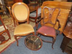 AN EDWARDIAN MAHOGANY OPEN ARMCHAIR, TOGETHER WITH A BEDROOM CHAIR AND MIRROR (3)