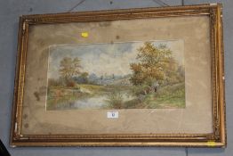 A GILT FRAMED AND GLAZED WATERCOLOUR OF A COUNTRY RIVER SCENE SIGNED W. REEVES LOWER RIGHT SIZE -