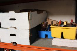 TWO TRAYS AND THREE TUBS OF HANDTOOLS, PARTS, DRILL BITS ETC