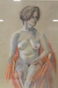 A FRAMED AND GLAZED PASTEL OF A SEATED FEMALE NUDE INITIALED MS LOWER RIGHT - SIZE H 58 CM BY W 42