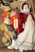 A COLLECTION OF VINTAGE DOLLS AND BEARS TO INCLUDE A BISQUE HEADED GERMAN ROLLER-EYED EXAMPLE,