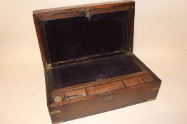 AN ANTIQUE BRASS CORNERED ROSE WOOD WRITING SLOPE, W 45 CM, D 25.5 CM, H 15 CM