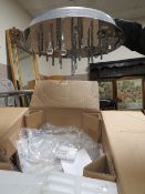 A CONTEMPORARY CHROMED LIGHT FITTING WITH CRYSTAL TYPE DROP PENDANTS DIA. 47 CM