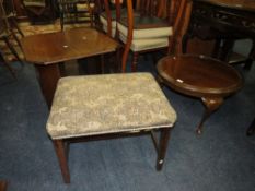 A WALNUT CIRCULAR OCCASIONAL TABLE, UPHOLSTERED STOOL AND A MAHOGANY OCTAGONAL TABLE (3)