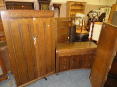 A SMALL OAK TALLBOY H-157 W-93 CM A DRESSING TABLE (NO MIRROR ) AND BED HEADS