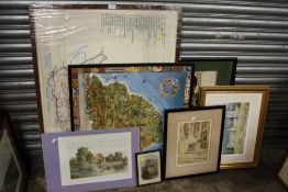 A QUANTITY OF PICTURES AND PRINTS TO INCLUDE A LARGE HAND STITCHED MAP OF SOUTH AFRICA TOGETHER WITH