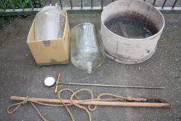 A COLLECTION OF FARMING IMPLEMENTS TO INCLUDE ALPHA-LAVAL MILK VESSELS, GRAIN MOISTURE HYGROMETER