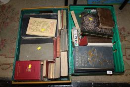 TWO BOXES OF VINTAGE AND ANTIQUARIAN BOOKS TO INCLUDE LEATHER BOUND EXAMPLES (PLASTIC TRAYS NOT