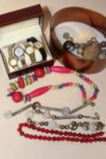 A BOX OF LADIES WRISTWATCHES AND COSTUME JEWELLERY ETC.