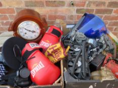 TWO TRAYS OF COLLECTABLES TO INCLUDE POLICE HAT ETC, CLOCK, BOXING GLOVES, GRAPHICS CARD FAN ETC