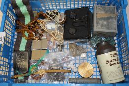 A BOX OF COLLECTABLES TO INCLUDE LIGHTERS, COSTUME JEWELLERY ETC.