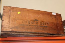 A CORNED BEEF CRATE TOGETHER WITH AN AUTORECT PROJECTOR SCREEN AND SMALL CASE