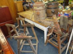 THREE ASSORTED VINTAGE 'END OVER END' BUTTER CHURNS AND STANDS - ALL IN POOR ORDER A/F