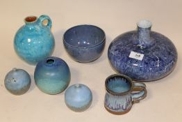 SEVEN PIECES OF BLUE STUDIO POTTERY TO INCLUDE WELSH PEPPERETTES AND BLOWN VASE MONOGRAMMED J.S.