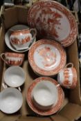 A TRAY OF ORIENTAL FIGURATIVE ORANGE AND WHITE CHINA, MARKED 343 TO BASE