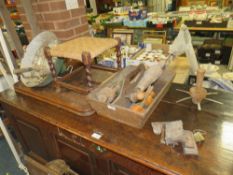 A VINTAGE OAK TRAY, INDUSTRIAL STYLE LAMP, STOOL AND TRAY ETC
