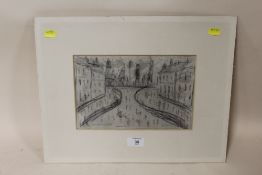 CIRCLE OF L.S LOWRY AN UNFRAMED MOUNTED PENCIL SKETCH OF A BUSY STREET SCENE IN SALFORD SIZE - 25.