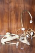 A BRASS DESK STAND TOGETHER WITH A BRASS GAVEL AND AN ART NOUVEAU STYLE TABLE LAMP (3)
