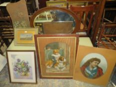 A COLLECTION OF ASSORTED VICTORIAN PICTURES TO INCLUDE A SMALL OIL OF A WINDMILL 11.5 X 23 CM AND