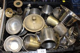 TWO BOXES OF ASSORTED METALWARE TO INCLUDE A COPPER KETTLE, SILVER PLATED GOBLETS