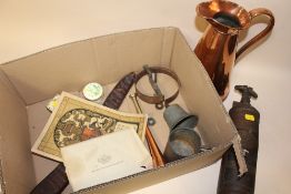 A BOX OF COLLECTABLES TO INCLUDE A VINTAGE COPPER JUG, VINTAGE FIRE EXTINGUISHER, SMALL COPPER