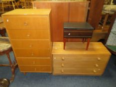 A MID CENTURY UTILITY OAK SIX DRAWER CHEST H-124 W-61 CM, RETRO SEWING BOX AND LOW CHEST (3)