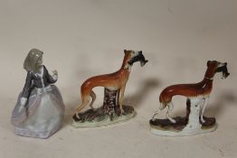 A LLADRO LADY FIGURE TOGETHER WITH A STAFFORDSHIRE STYLE GREYHOUND FIGURES, A/F