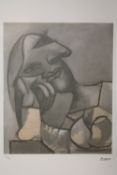 A FRAMED AND GLAZED LIMITED EDITION PICASSO ABSTRACT PORTRAIT STUDY PRINT 141/200 WITH BLIND STAMP