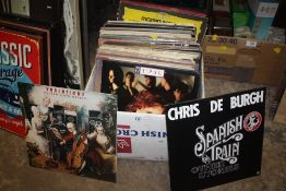 A BOX OF LP RECORDS ETC TO INCLUDE JETHRO TULL, DIRE STRAIGHTS, DAVID BOWIE ETC.