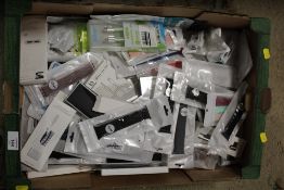 THREE BOXES OF PHONE CHARGERS, WIRES, WATCH STRAPS ETC