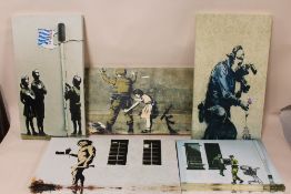 FIVE MODERN BANKSY PRINTS ON CANVAS LARGEST SIZE - 45CM X 25CM