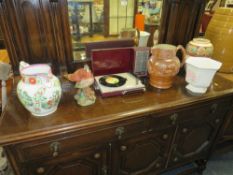 A MIXED LOT TO INC A RETRO PHILIPS PORTABLE RECORD PLAYER, STONEWARE RELIEF MOULDED JUG, LUSTRE