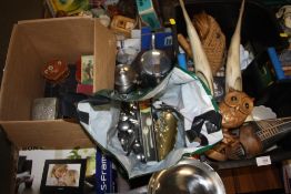 A BOX OF COLLECTABLES TO INCLUDE CARVED HORN BIRD FIGURES, TOGETHER WITH A BOX OF VINTAGE BOOKS,