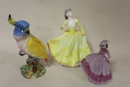 A BESWICK 1180 COCKATOO FIGURE, S/D, TOGETHER WITH TWO COALPORT FIGURES