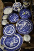 A TRAY OF BLUE AND WHITE MINTON WILLOW PATTERN CHINA